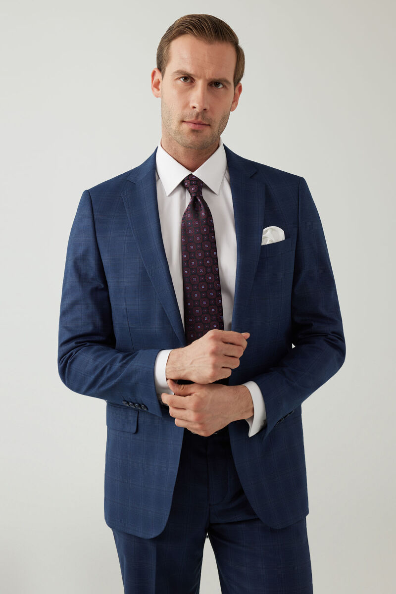 Erkek Lacivert Regular Fit Kareli Çift Yırtmaçlı Takım Elbise - 1