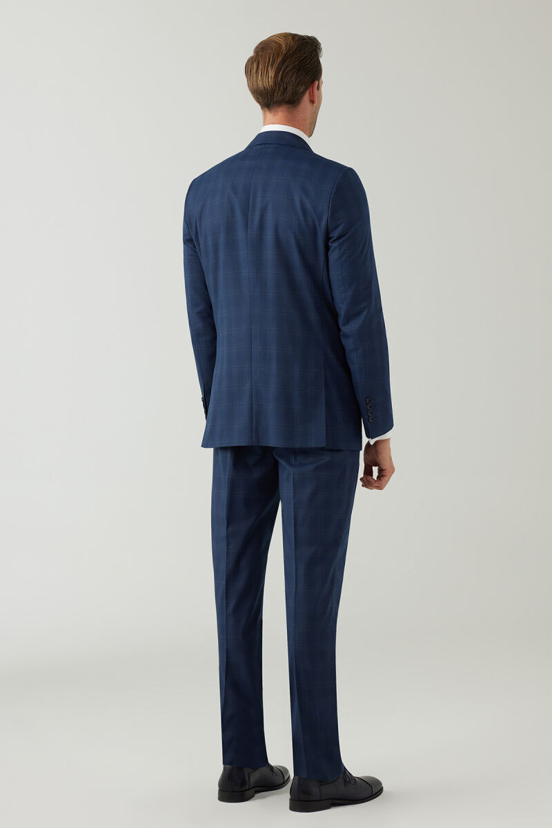 Erkek Lacivert Regular Fit Kareli Çift Yırtmaçlı Takım Elbise - 11