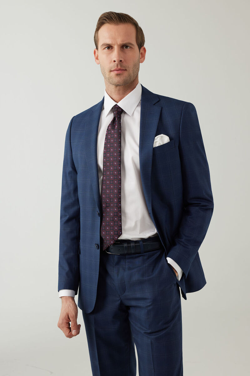Erkek Lacivert Regular Fit Kareli Çift Yırtmaçlı Takım Elbise - 2