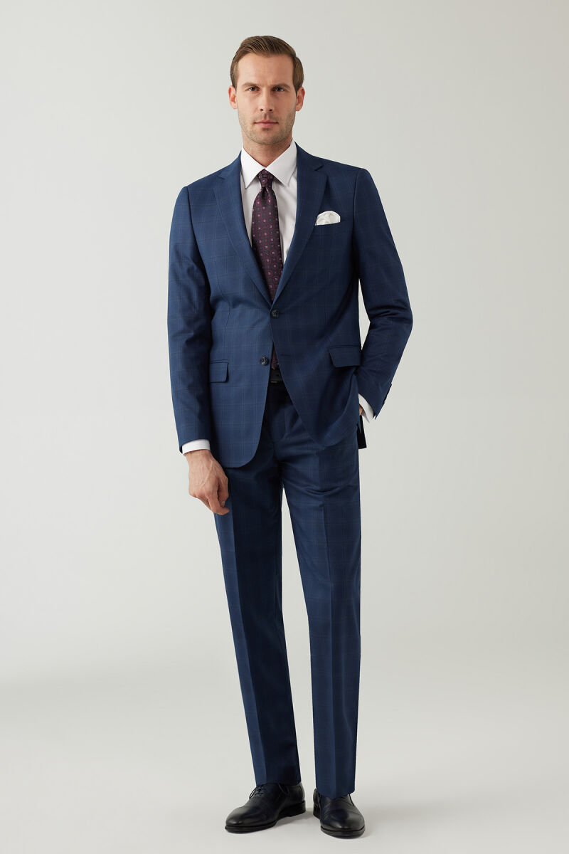 Erkek Lacivert Regular Fit Kareli Çift Yırtmaçlı Takım Elbise - 3