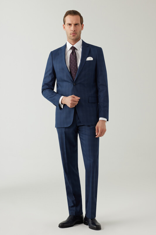 Erkek Lacivert Regular Fit Kareli Çift Yırtmaçlı Takım Elbise