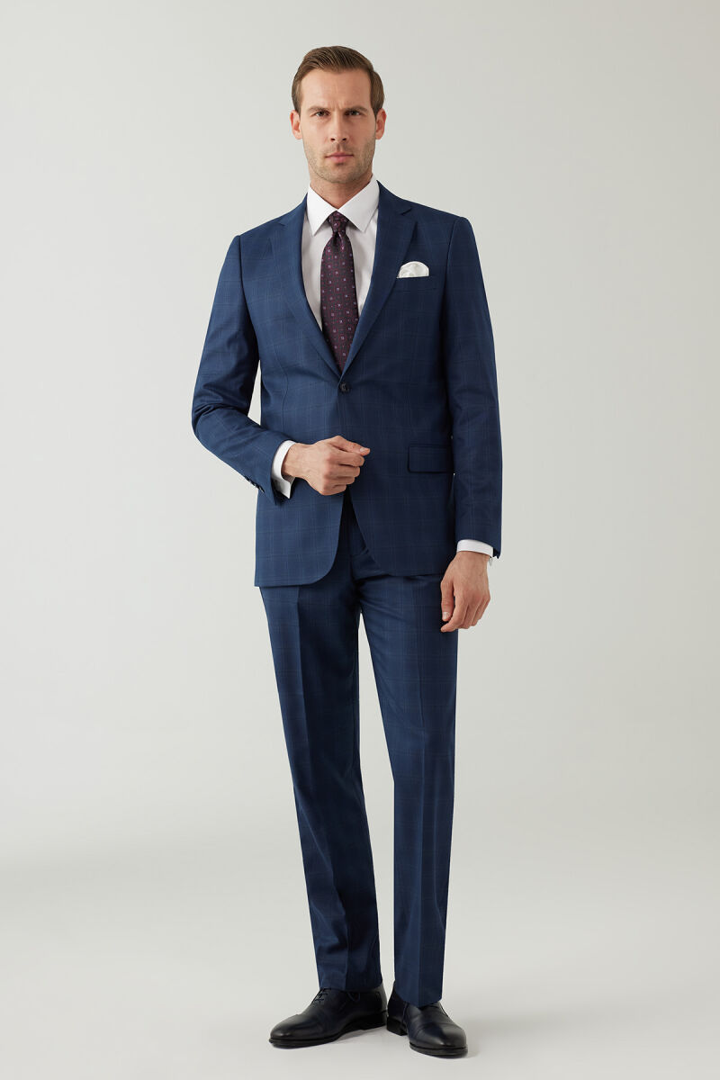 Erkek Lacivert Regular Fit Kareli Çift Yırtmaçlı Takım Elbise - 4