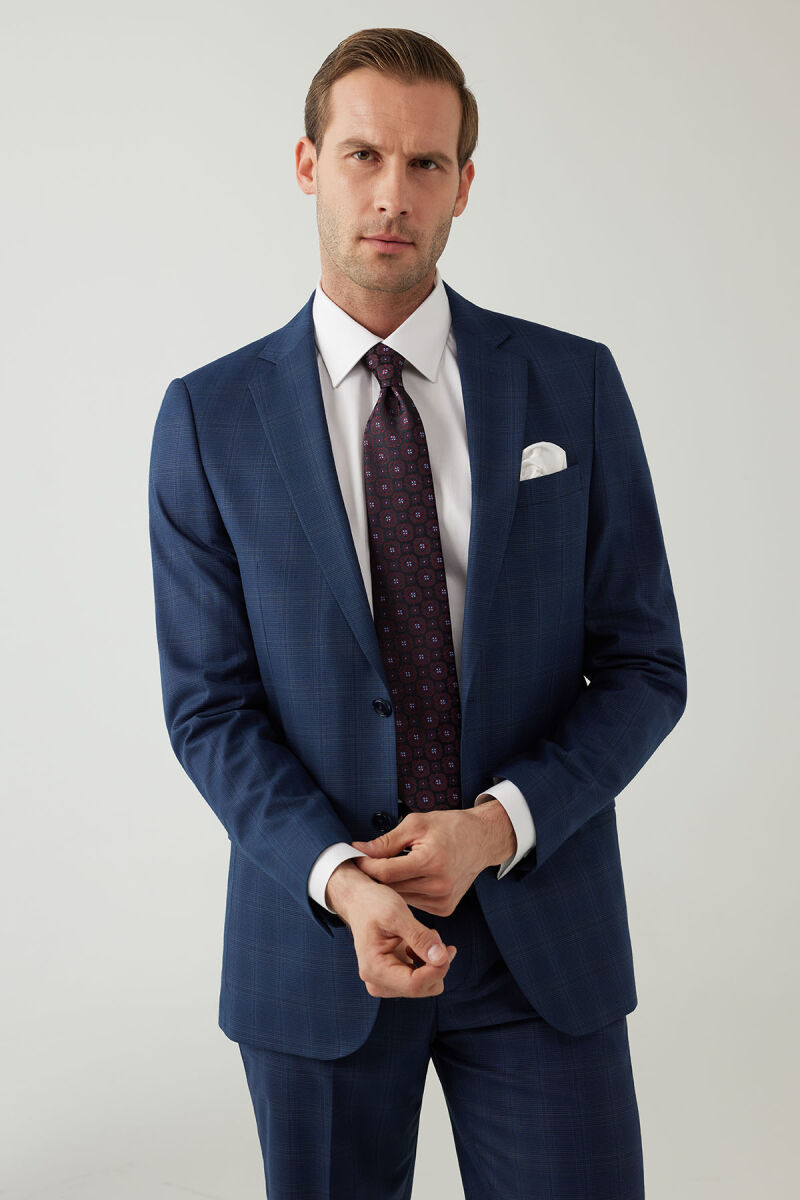 Erkek Lacivert Regular Fit Kareli Çift Yırtmaçlı Takım Elbise - 5