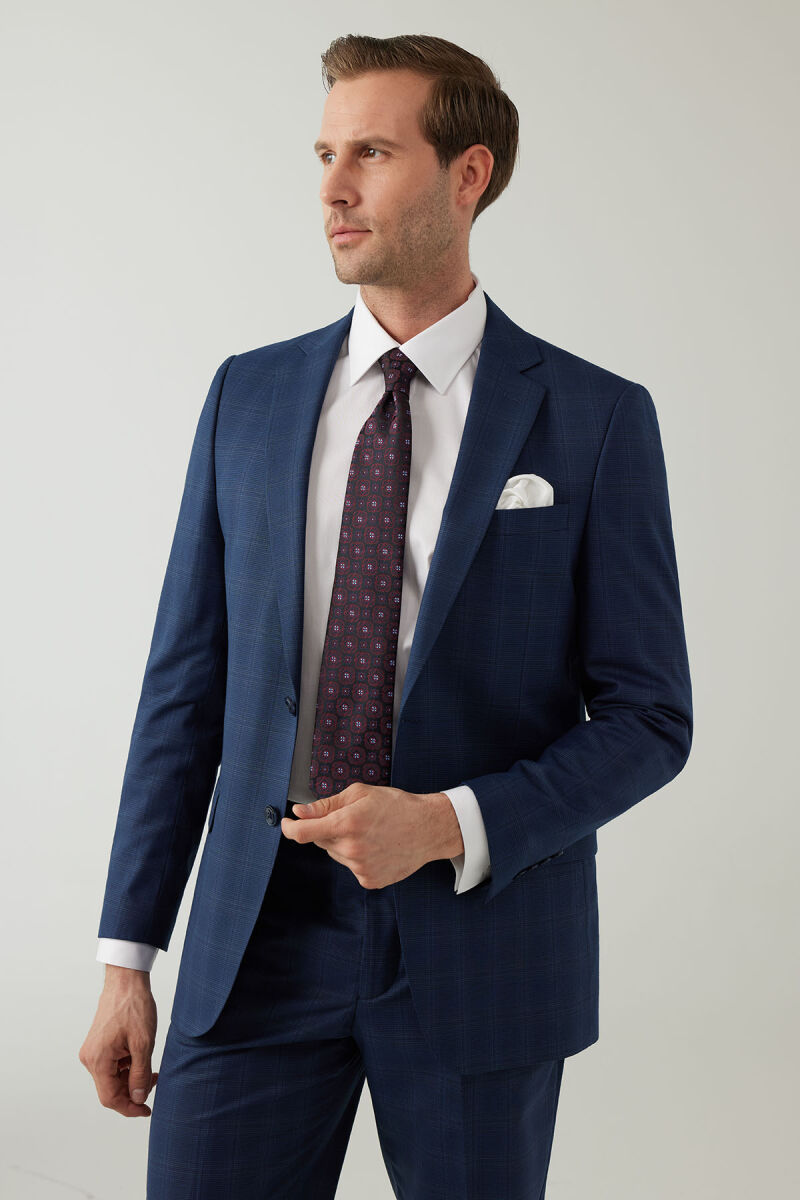 Erkek Lacivert Regular Fit Kareli Çift Yırtmaçlı Takım Elbise - 6