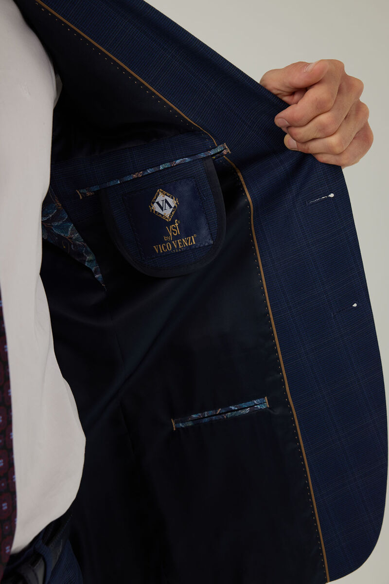 Erkek Lacivert Regular Fit Kareli Çift Yırtmaçlı Takım Elbise - 8