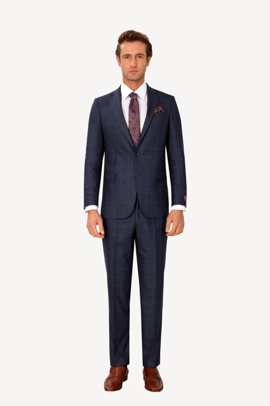 Erkek Lacivert Regular Fit Kareli Takım Elbise