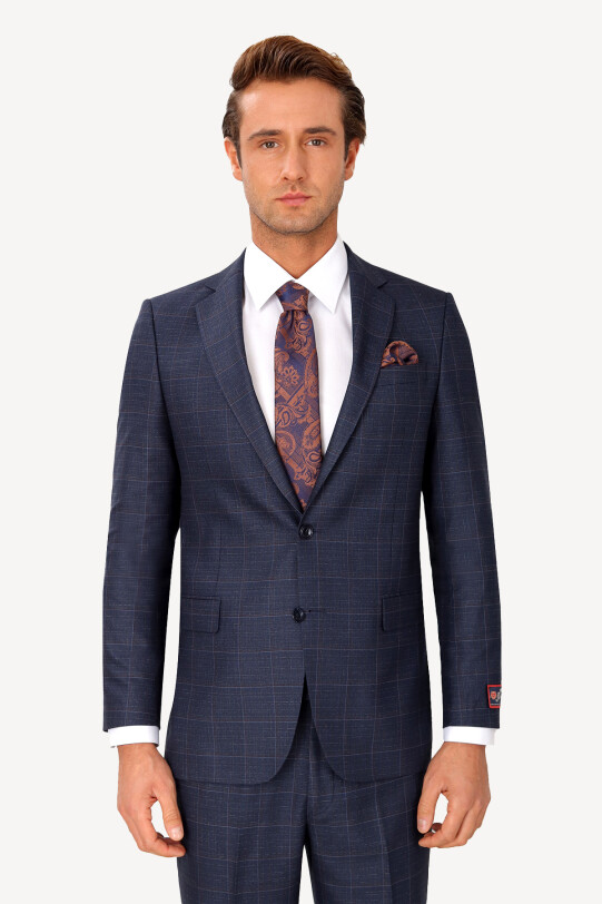 Erkek Lacivert Regular Fit Kareli Takım Elbise