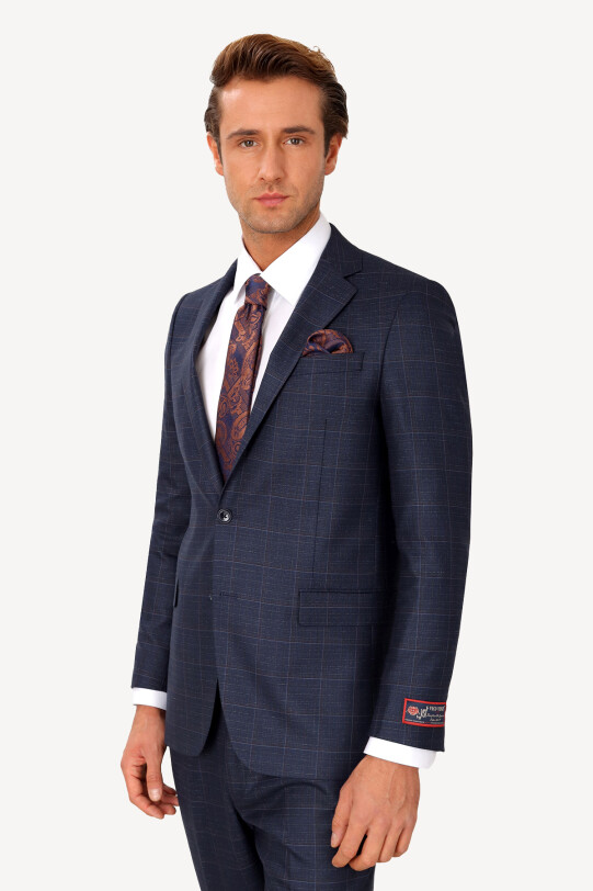 Erkek Lacivert Regular Fit Kareli Takım Elbise