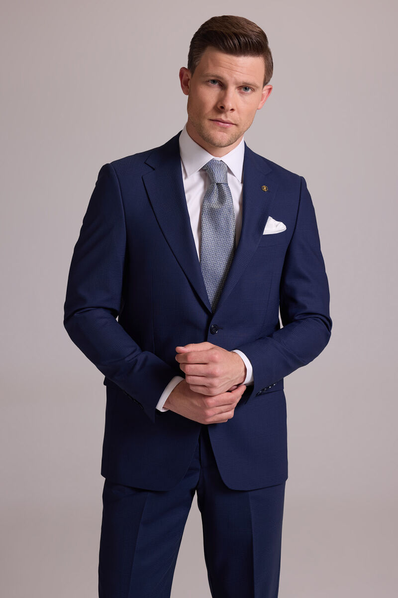 Erkek Lacivert Regular Fit Kareli Yün Mono Yakalı Takım Elbise - 1