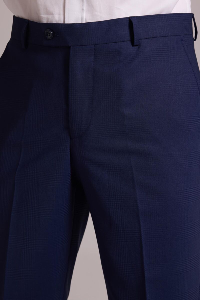 Erkek Lacivert Regular Fit Kareli Yün Mono Yakalı Takım Elbise - 10