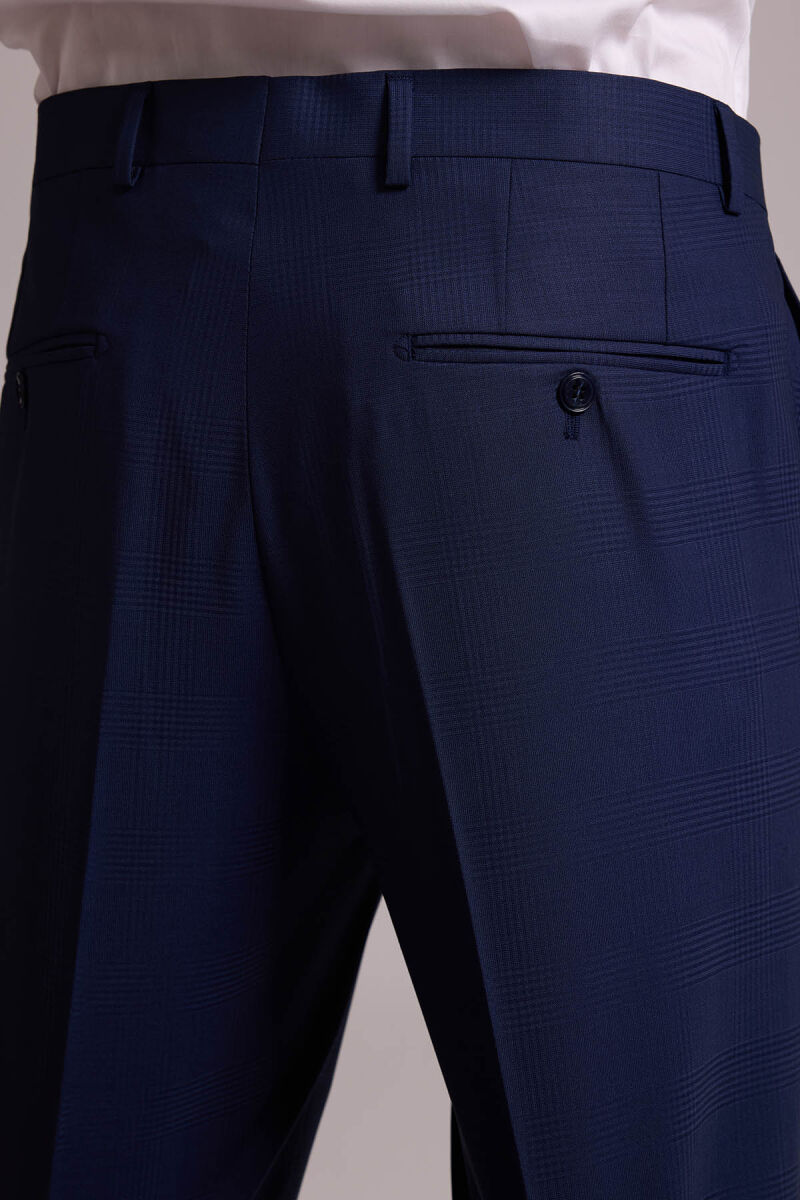 Erkek Lacivert Regular Fit Kareli Yün Mono Yakalı Takım Elbise - 11