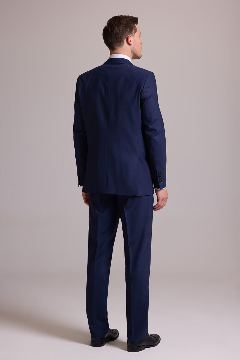 Erkek Lacivert Regular Fit Kareli Yün Mono Yakalı Takım Elbise - 12