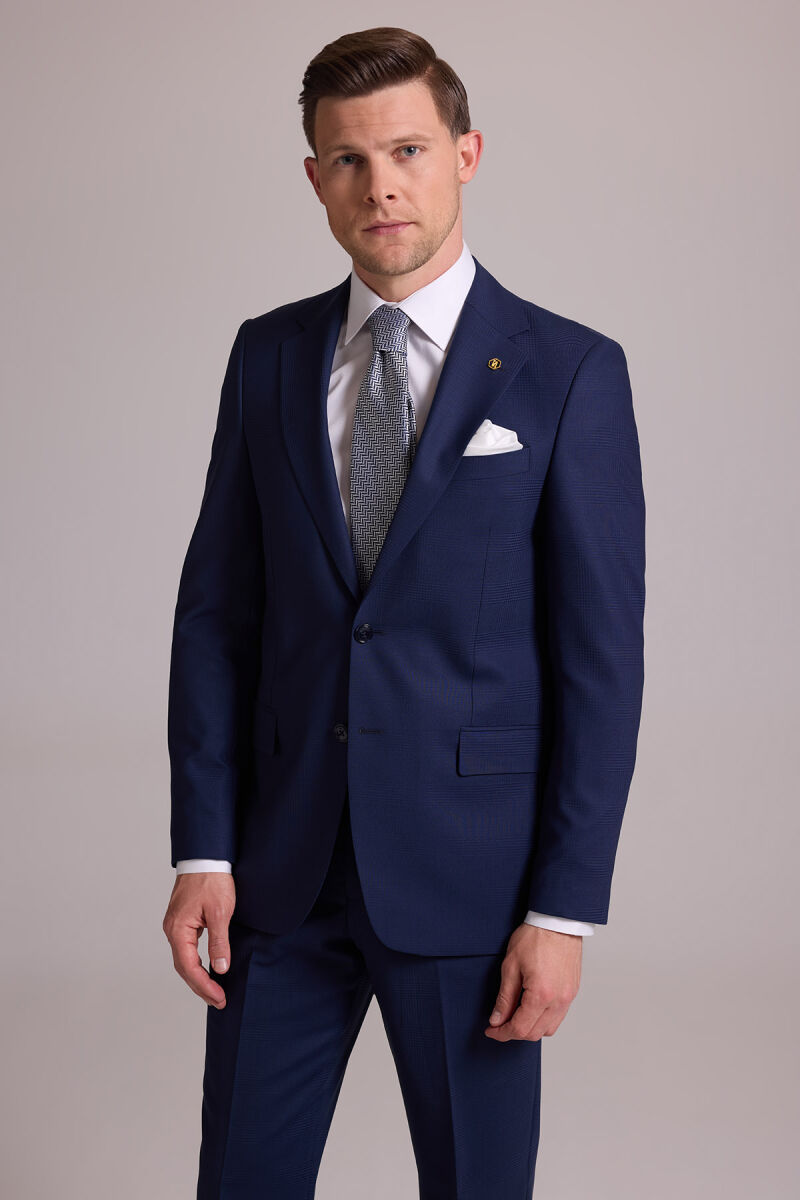 Erkek Lacivert Regular Fit Kareli Yün Mono Yakalı Takım Elbise - 2