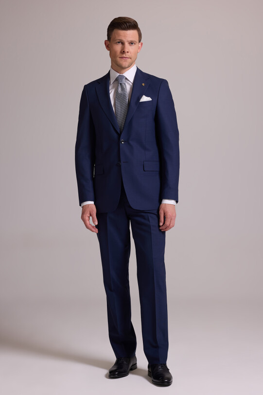 Erkek Lacivert Regular Fit Kareli Yün Mono Yakalı Takım Elbise