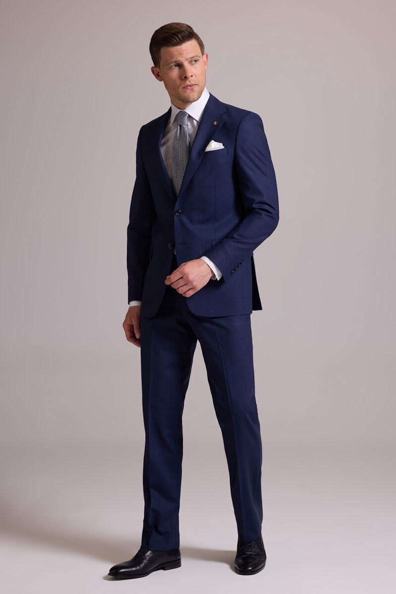 Erkek Lacivert Regular Fit Kareli Yün Mono Yakalı Takım Elbise - 4