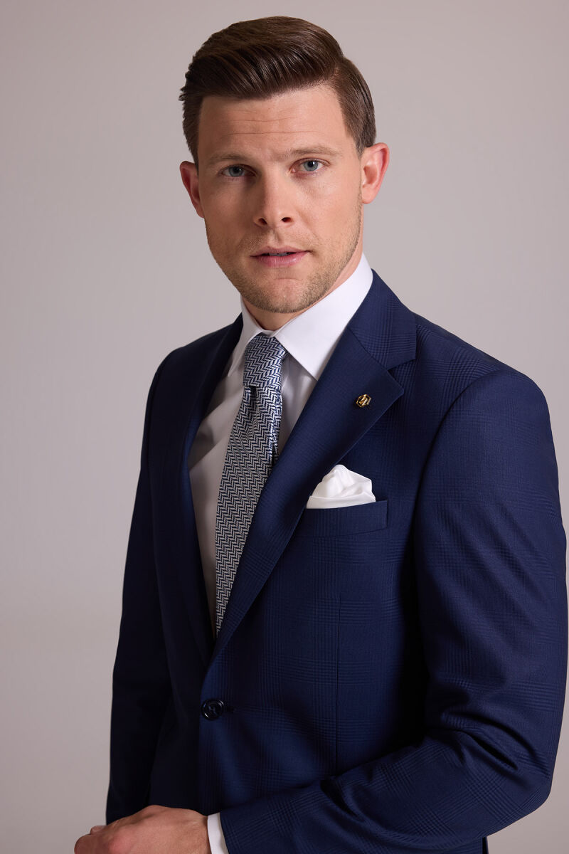 Erkek Lacivert Regular Fit Kareli Yün Mono Yakalı Takım Elbise - 5