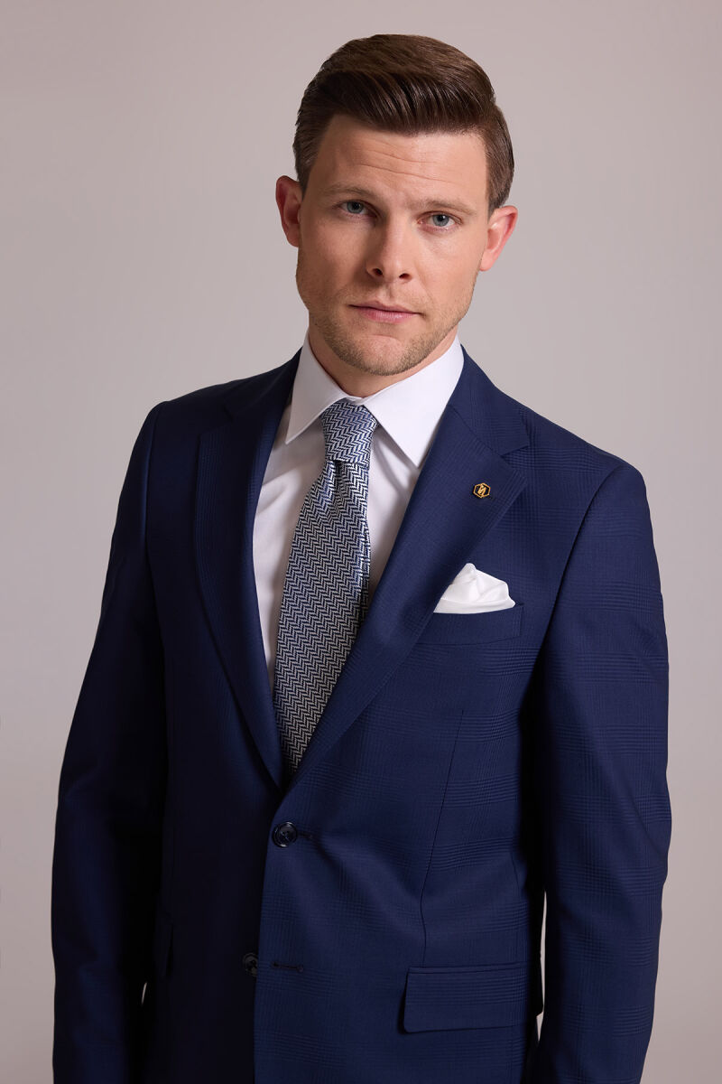 Erkek Lacivert Regular Fit Kareli Yün Mono Yakalı Takım Elbise - 6