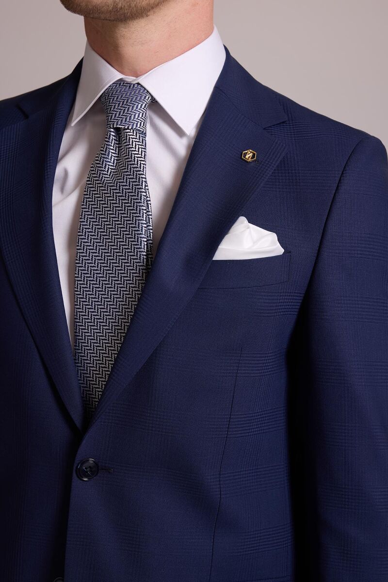 Erkek Lacivert Regular Fit Kareli Yün Mono Yakalı Takım Elbise - 7