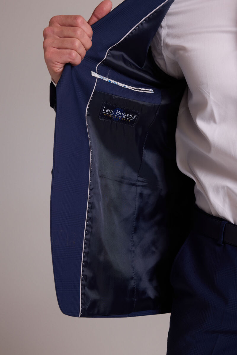 Erkek Lacivert Regular Fit Kareli Yün Mono Yakalı Takım Elbise - 8