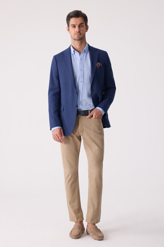 Erkek Lacivert Regular Fit Keten Karışımlı Mono Yaka Ceket