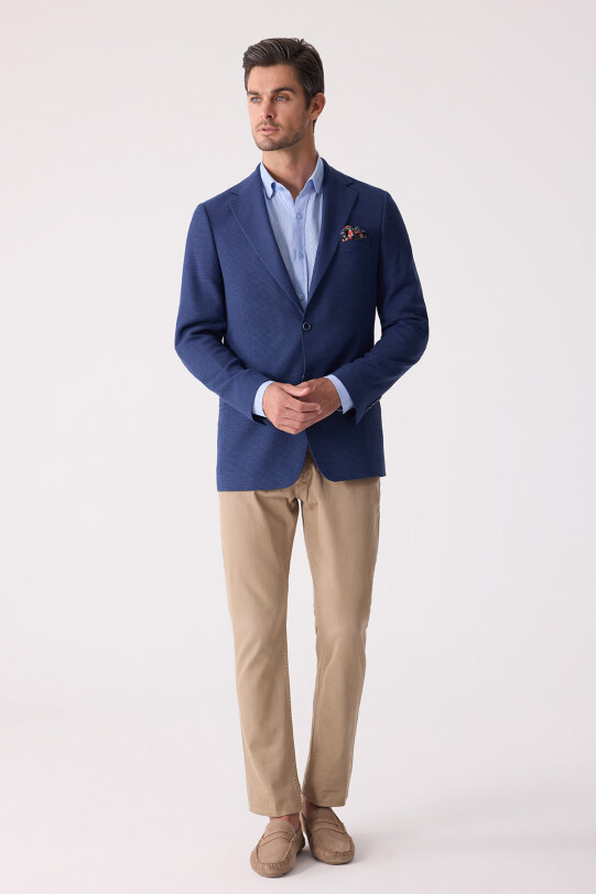 Erkek Lacivert Regular Fit Keten Karışımlı Mono Yaka Ceket