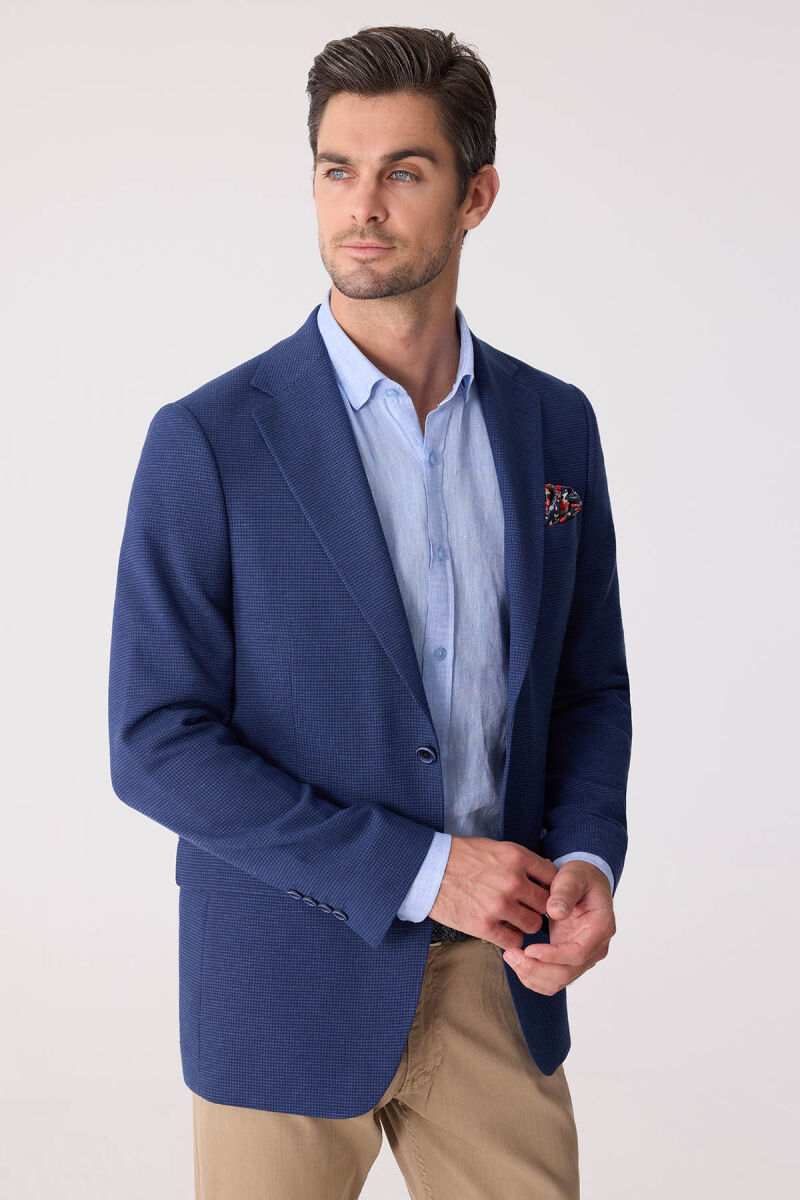 Erkek Lacivert Regular Fit Keten Karışımlı Mono Yaka Ceket - 3