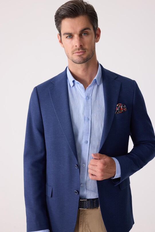 Erkek Lacivert Regular Fit Keten Karışımlı Mono Yaka Ceket