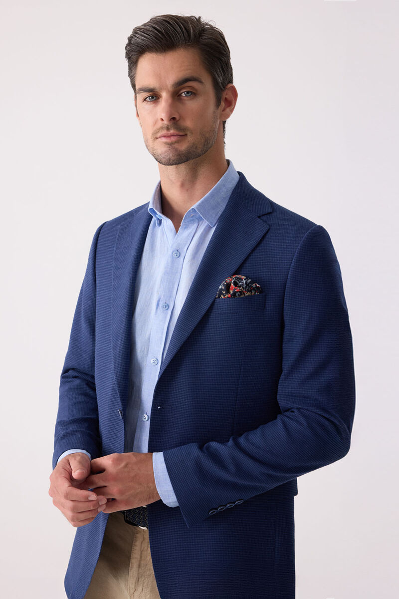 Erkek Lacivert Regular Fit Keten Karışımlı Mono Yaka Ceket - 5