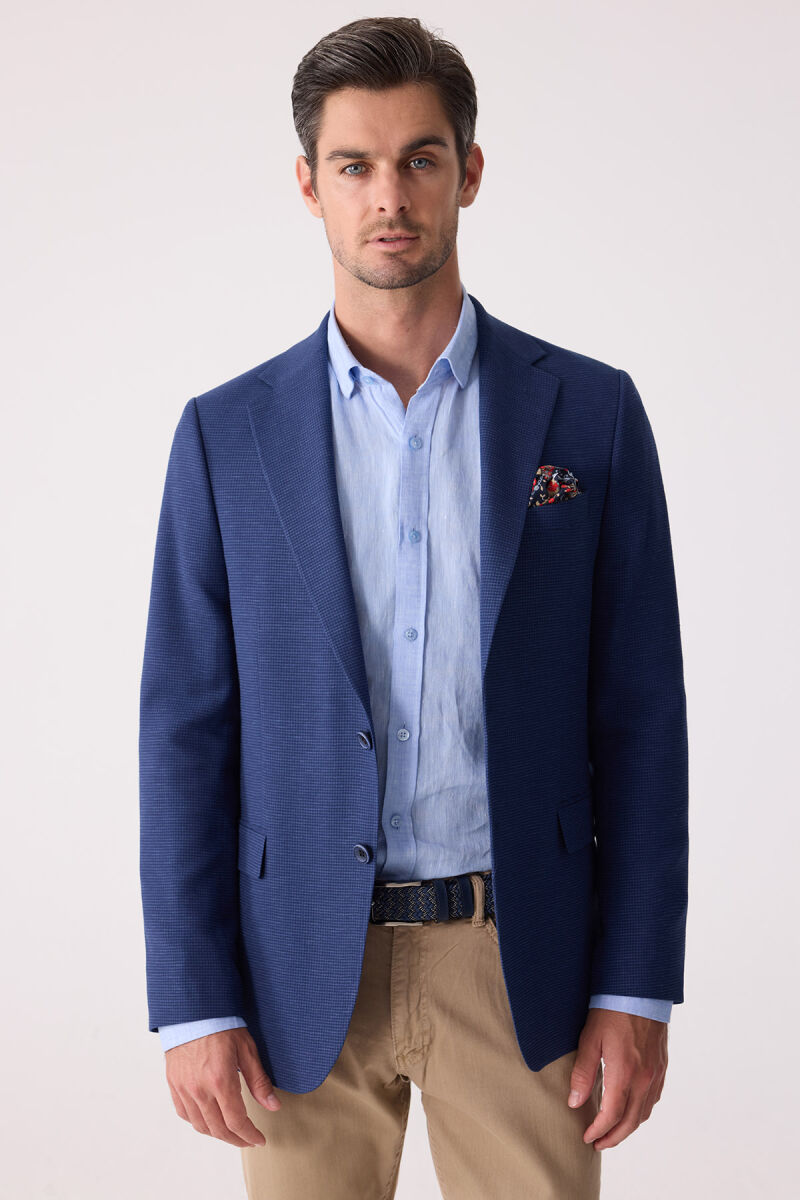 Erkek Lacivert Regular Fit Keten Karışımlı Mono Yaka Ceket - 6