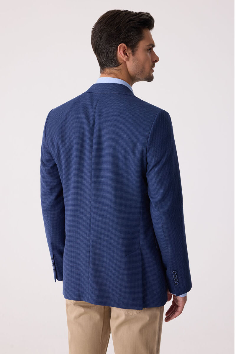 Erkek Lacivert Regular Fit Keten Karışımlı Mono Yaka Ceket - 8