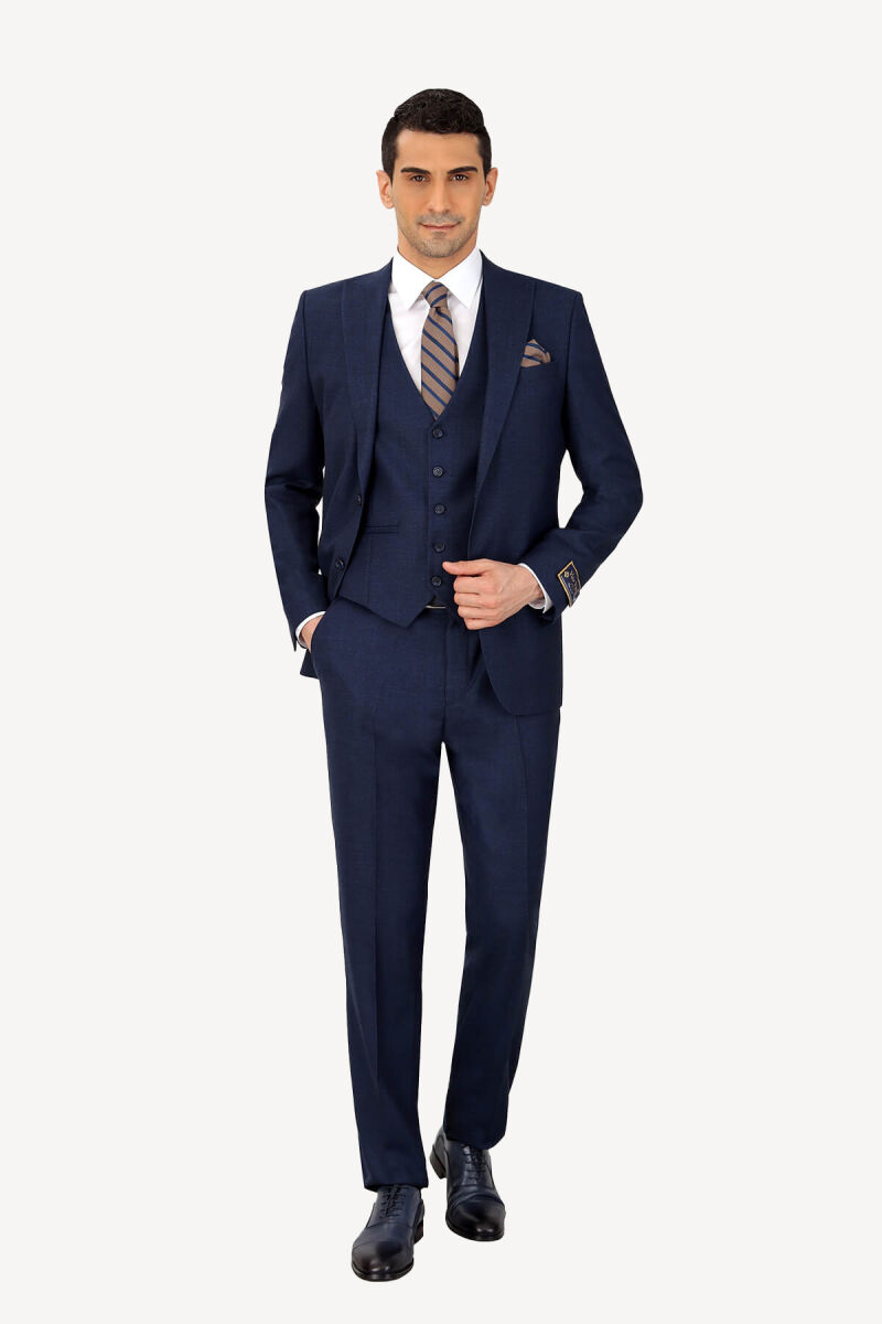 Erkek Lacivert Regular Fit Kuşgözü Desenli Yelekli Takım Elbise - 1