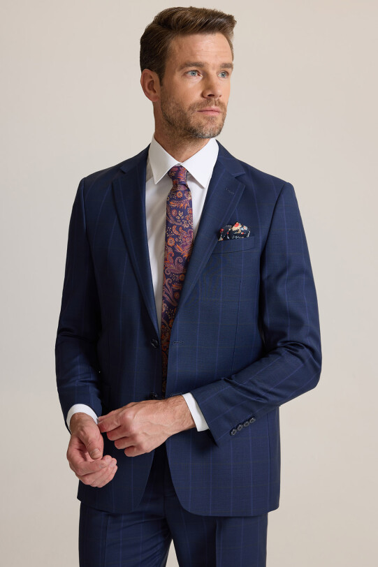 Erkek Lacivert Regular Fit Mono Yaka %100 Yün Takım Elbise