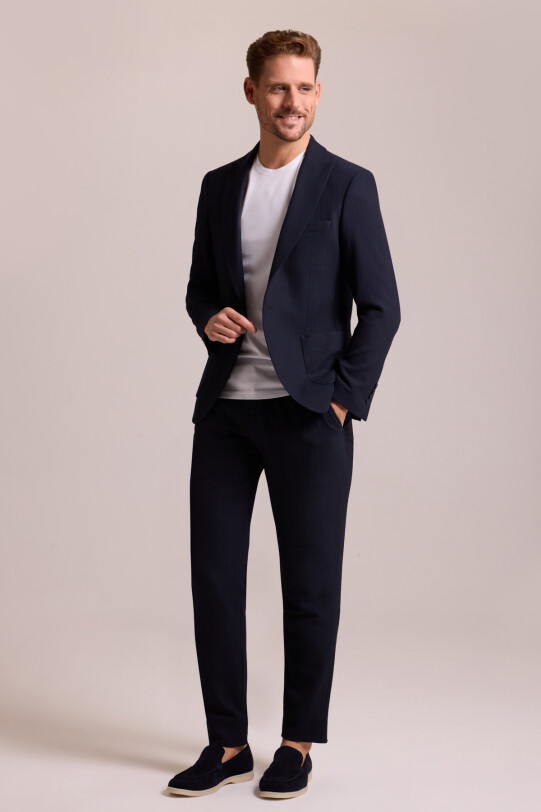 Erkek Lacivert Regular Fit Mono Yaka Beli Lastikli Desenli Takım Elbise