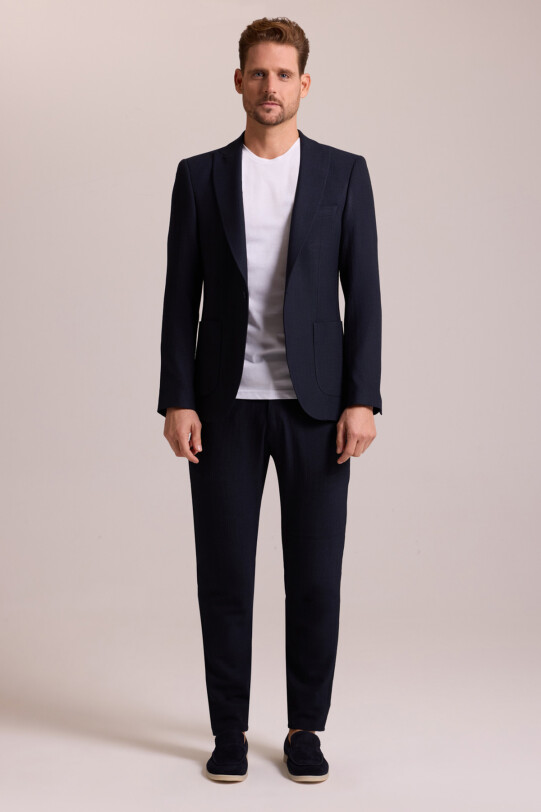 Erkek Lacivert Regular Fit Mono Yaka Beli Lastikli Desenli Takım Elbise