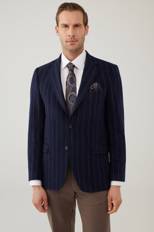 Erkek Lacivert Regular Fit Mono Yaka Çizgili Yün Ceket