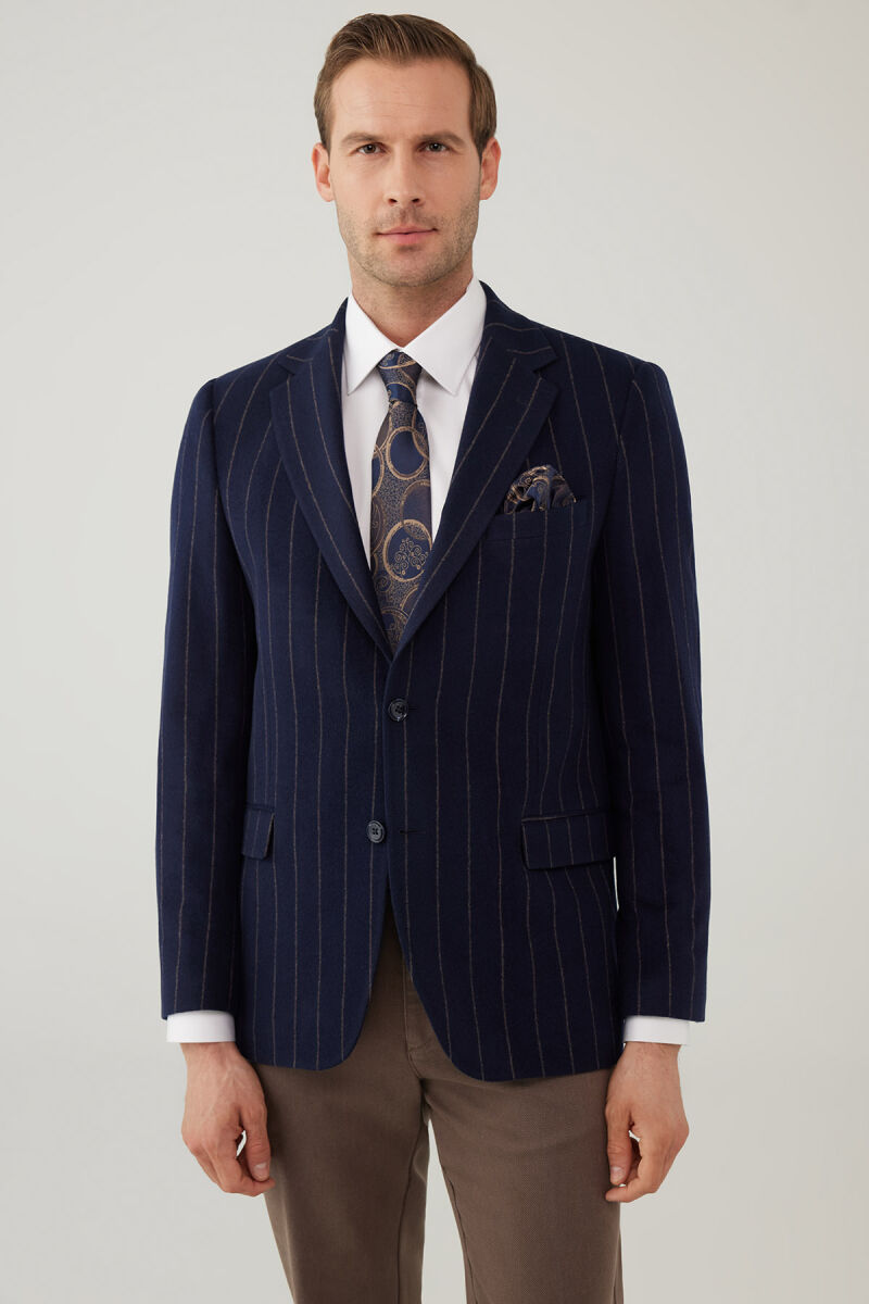 Erkek Lacivert Regular Fit Mono Yaka Çizgili Yün Ceket - 1