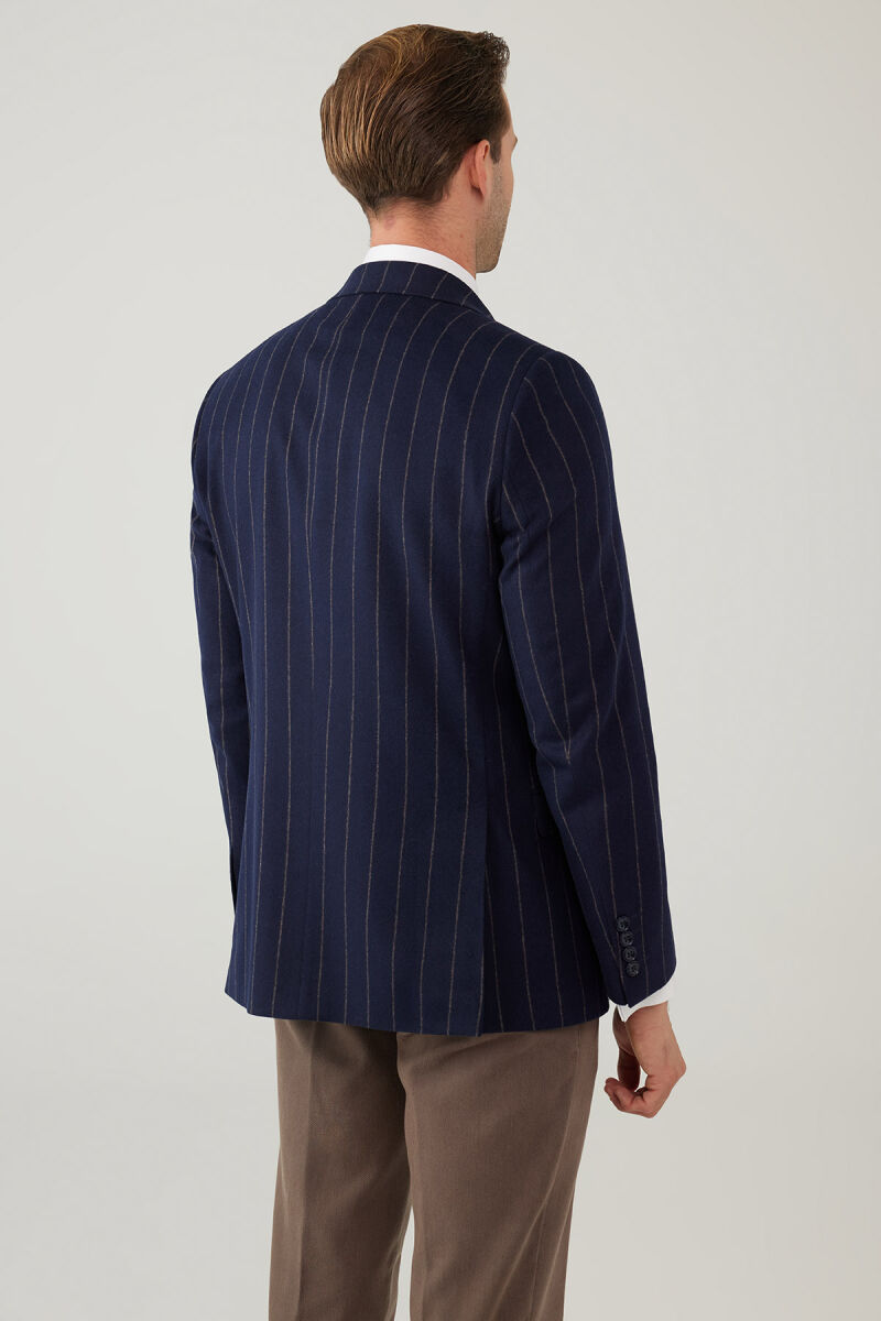 Erkek Lacivert Regular Fit Mono Yaka Çizgili Yün Ceket - 11