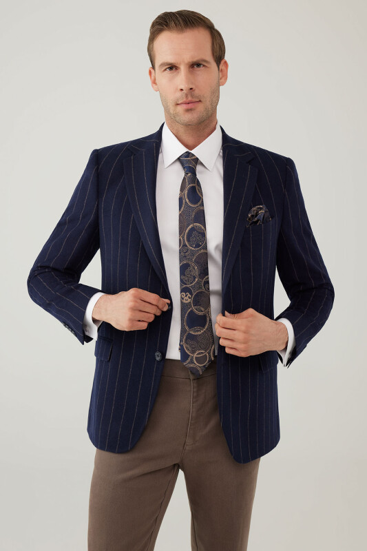 Erkek Lacivert Regular Fit Mono Yaka Çizgili Yün Ceket