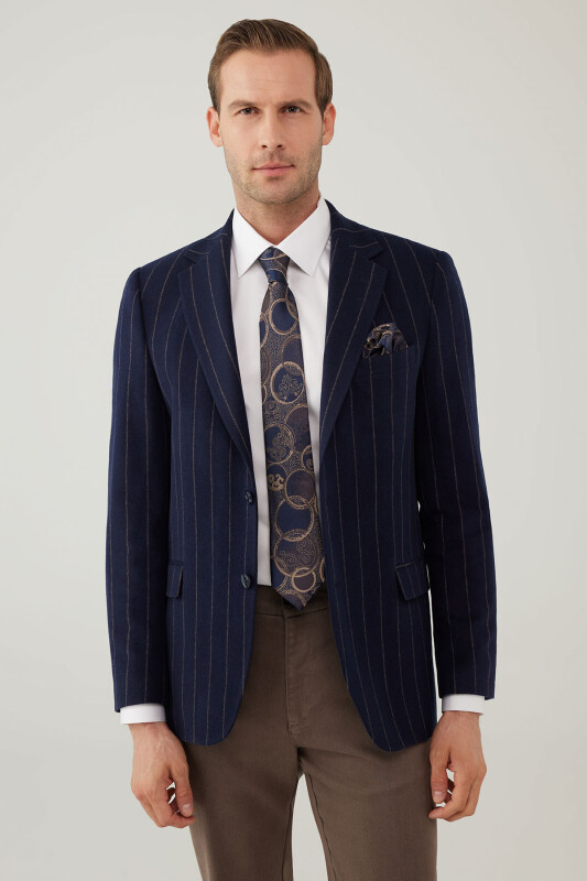 Erkek Lacivert Regular Fit Mono Yaka Çizgili Yün Ceket