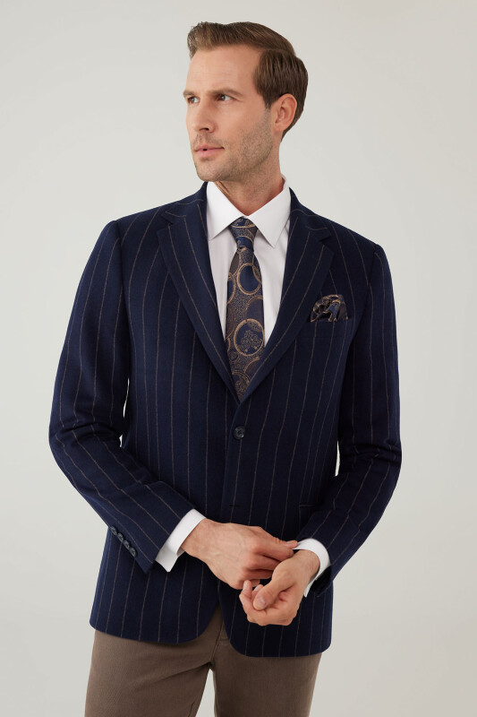 Erkek Lacivert Regular Fit Mono Yaka Çizgili Yün Ceket