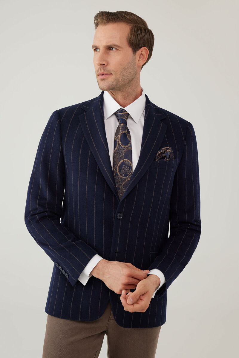 Erkek Lacivert Regular Fit Mono Yaka Çizgili Yün Ceket - 4