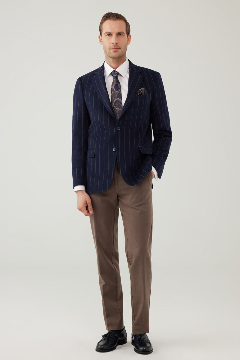 Erkek Lacivert Regular Fit Mono Yaka Çizgili Yün Ceket - 5