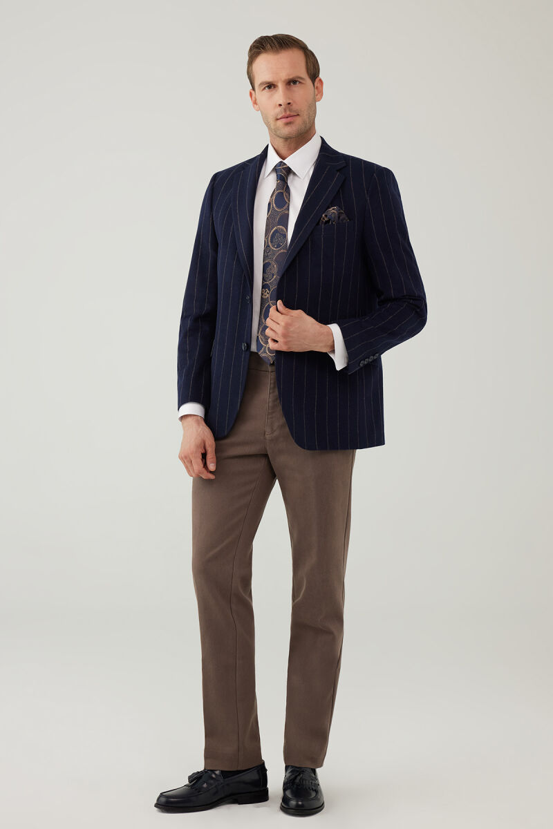 Erkek Lacivert Regular Fit Mono Yaka Çizgili Yün Ceket - 6