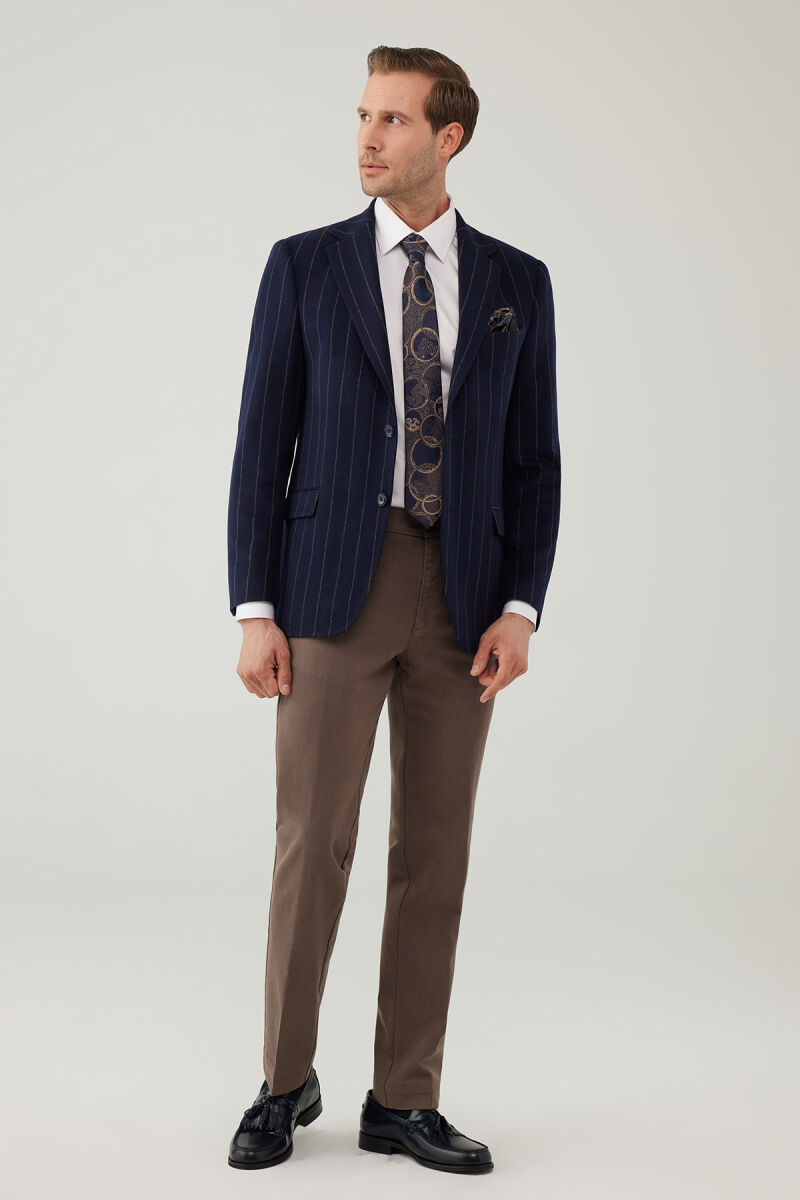 Erkek Lacivert Regular Fit Mono Yaka Çizgili Yün Ceket - 7