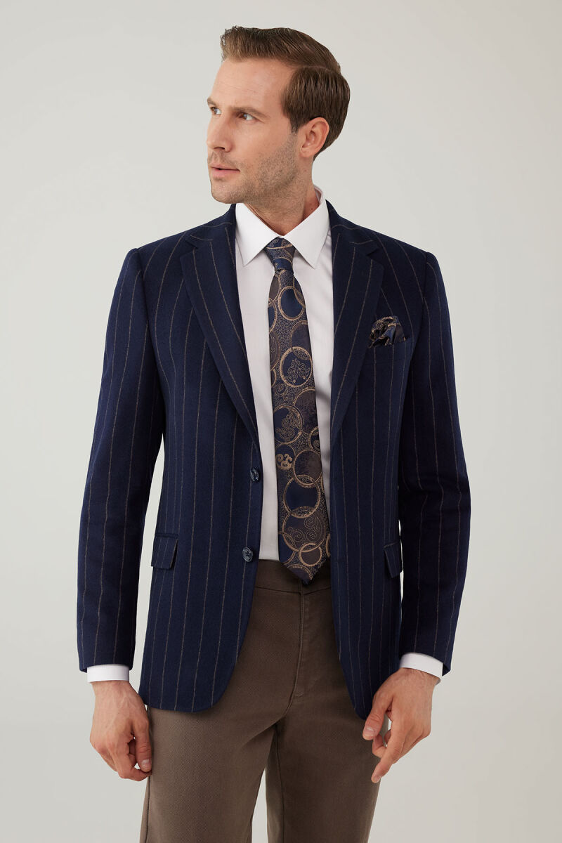 Erkek Lacivert Regular Fit Mono Yaka Çizgili Yün Ceket - 8