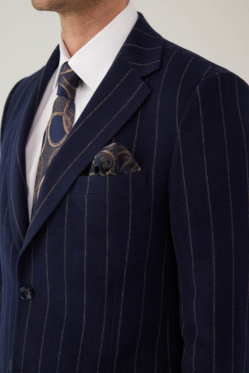 Erkek Lacivert Regular Fit Mono Yaka Çizgili Yün Ceket - 9