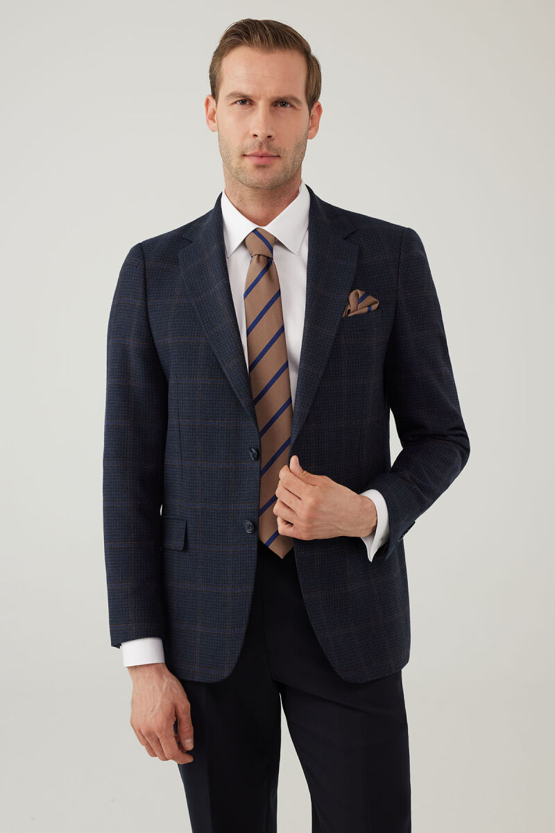 Erkek Lacivert Regular Fit Mono Yaka Kareli Yün Karışımlı Ceket - 1