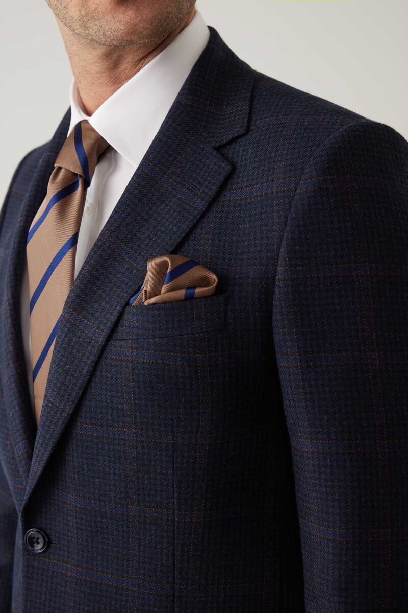 Erkek Lacivert Regular Fit Mono Yaka Kareli Yün Karışımlı Ceket - 10