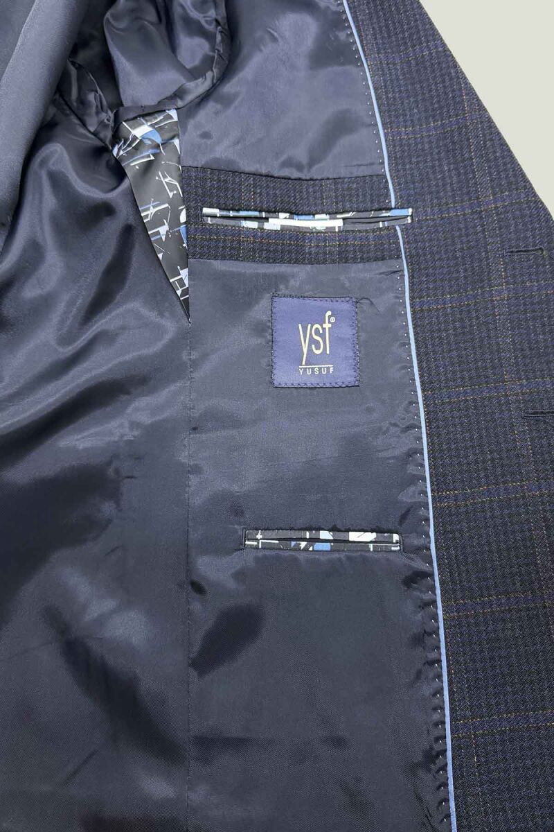 Erkek Lacivert Regular Fit Mono Yaka Kareli Yün Karışımlı Ceket - 11