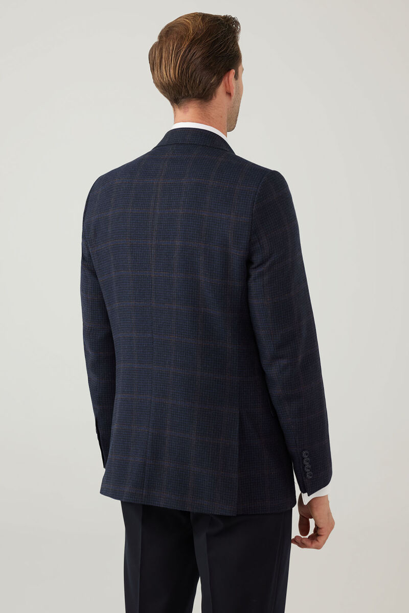 Erkek Lacivert Regular Fit Mono Yaka Kareli Yün Karışımlı Ceket - 12